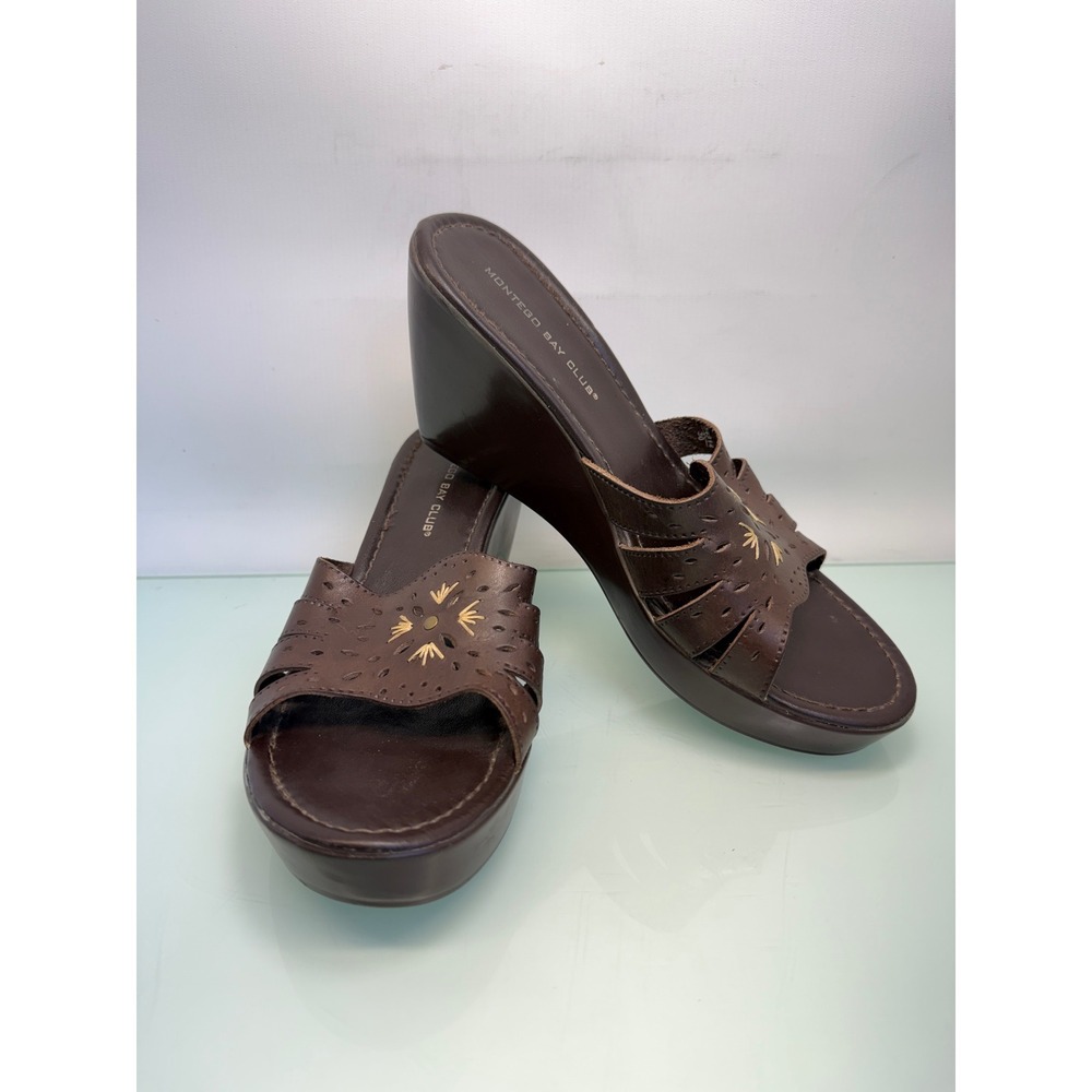 Montego Bay Club Leather Wedge Slide Sandals Brown Cutout Y2K Boho Comfort Sz 11